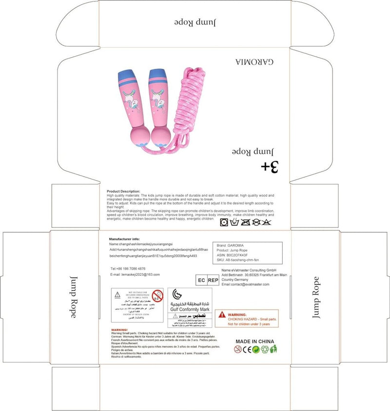 Laad afbeelding in Galerijviewer, Verpakkingsontwerp voor &quot;Het perfecte kinderspringtouw voor eindeloos speelplezier!&quot; benadrukt roze handvatten met eenhoornafbeeldingen en een gevlochten touw. Met tekst over geschiktheid voor de leeftijd, fabrikant en productbeschrijving. Ideaal voor een krachtige ontwikkeling terwijl je plezier hebt!.

