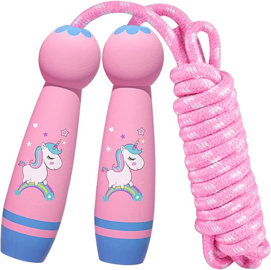 Een heerlijk "Het perfecte kinderspringtouw voor eindeloos speelplezier!" voorzien van eenhoornmotieven op de roze handvatten en een netjes opgerold touw, inspirerende speelse ontwikkeling van het lichaam door actief plezier.