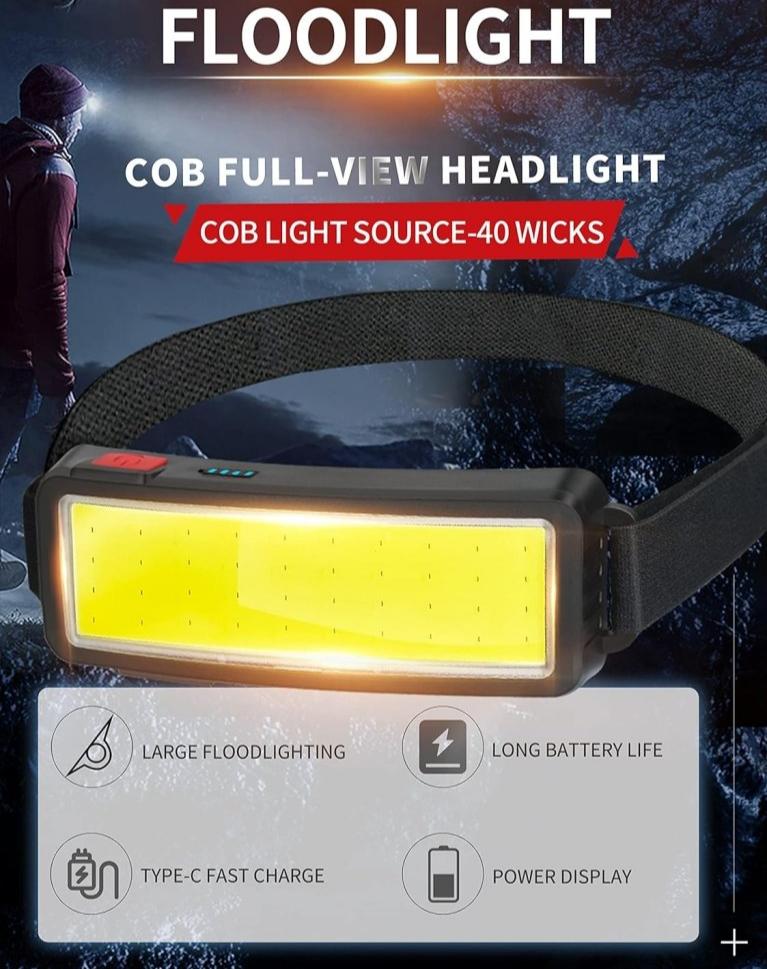 Laad afbeelding in Galerijviewer, Advertentie waarin de &quot;Altijd verlicht met een krachtige, oplaadbare led-hoofdlamp&quot; wordt getoond met COB-technologie voor volledig zichtverlichting met behulp van 40 lonten. Kenmerken omvatten Type-C snel opladen, stroomdisplay, grote schijnwerper, lange batterijduur en een waterdicht ontwerp. Persoon op de achtergrond.
