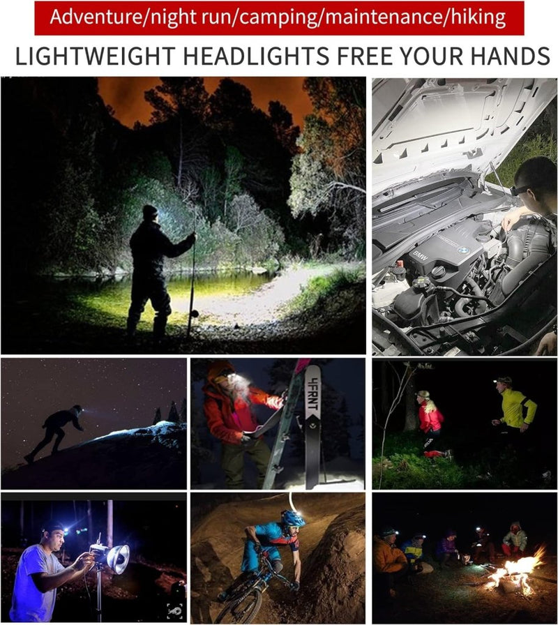 Laad afbeelding in Galerijviewer, Collage laat individuen zien die &quot;Altijd verlicht met een krachtige, oplaadbare led-hoofdlamp!&quot; voor kamperen, fietsen en auto-onderhoud &#39;s nachts. Tekst benadrukt veelzijdigheid en handsfree gemak in een waterdicht ontwerp.
