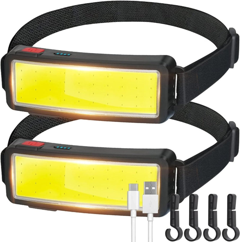Laad afbeelding in Galerijviewer, Er worden twee LED-koplampen met COB-technologie, zwarte banden en grote rechthoekige lampen getoond. USB-oplaadkabels, waterdicht ontwerp en vier clips voor eenvoudige bevestiging zijn inbegrepen. [Product: Altijd verlicht met een krachtige, oplaadbare led-hoofdlamp!].

