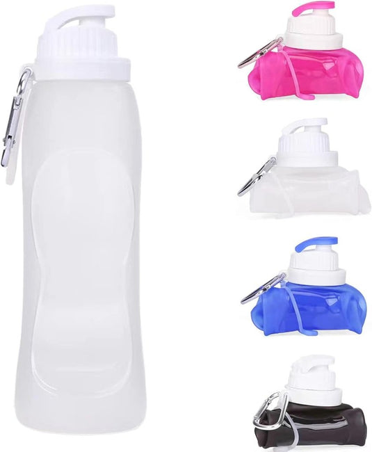 Ontdek de ultralichte herbruikbare siliconen sportfles in stijlvol wit, roze, blauw en zwart. Elke fles heeft een metalen clip voor draagbaarheid op elk avontuur en biedt gemoedsrust dankzij het lekvrije ontwerp!.
