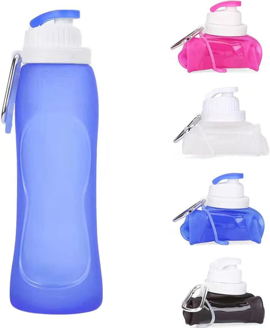 Ontdek de ultralichte herbruikbare siliconen sportfles, verkrijgbaar in blauw, roze, wit en zwart. Voor uw gemak heeft elke opvouwbare fles een karabijnhaak op het deksel. De perfecte hydratatiepartner!.
