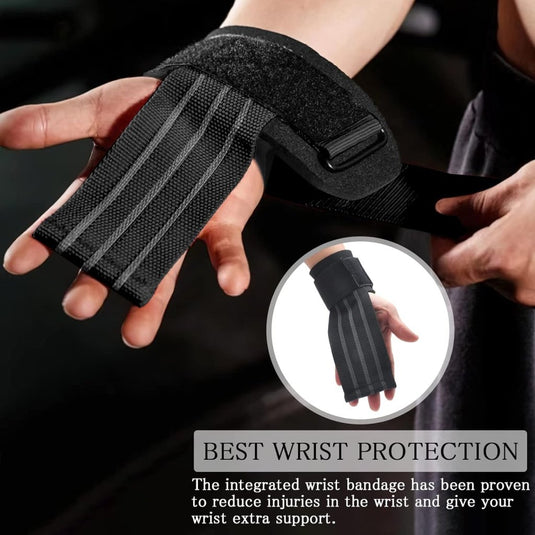 Een persoon toont een zwarte polsband met het opschrift "BEST WRIST PROTECTION", wat de voordelen van blessures verminderen en extra ondersteuning tijdens krachttraining benadrukt. Perfect voor gebruik met Stevige lifting straps voor maximale kracht en ondersteuning om uw workoutervaring te verbeteren.