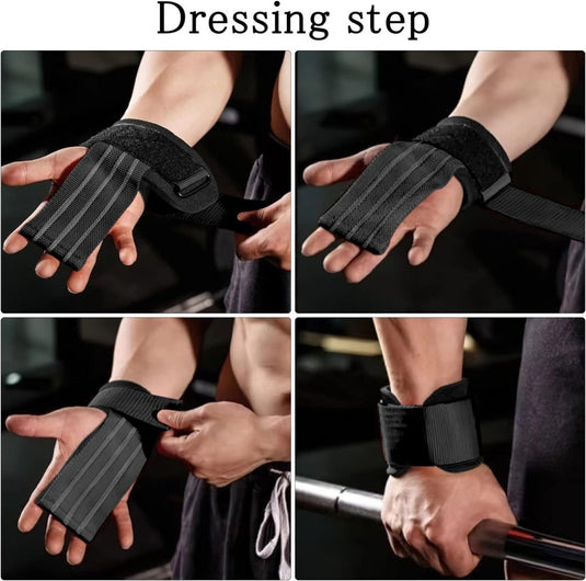 Vier afbeeldingen laten zien hoe je de "Stevige lifting straps voor maximale kracht en ondersteuning" draagt, ontworpen voor gewichtheffen en krachttraining. Ze verbeteren grip en stabiliteit tijdens trainingen wanneer ze vastzitten.