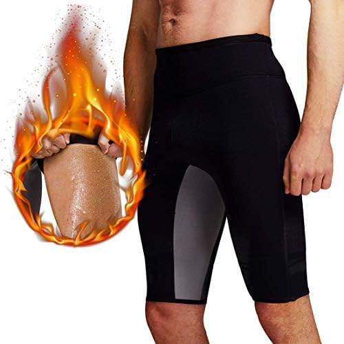 Laad afbeelding in Galerijviewer, Een man in zwarte afslankshorts met een vurige afbeelding illustreert het ontwerp van &quot;Mannen zweet sauna shorts&quot;, die intense calorieverbranding en verbeterd gewichtsverlies suggereren. Een close-up van de benen benadrukt hun hittegenererende potentieel voor effectief gewichtsverlies.
