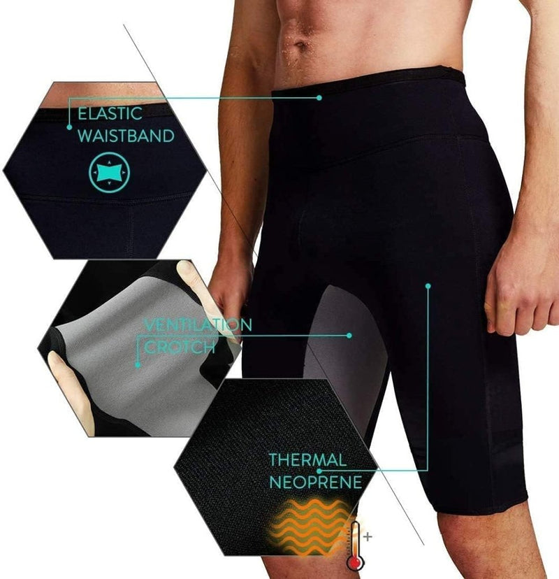 Laad afbeelding in Galerijviewer, Man draagt zwarte thermische neopreen shorts zoals Mannen zweet sauna shorts, perfect voor gewichtsverlies, met een elastische tailleband en ventilerend kruis met close-ups die kenmerken benadrukken.
