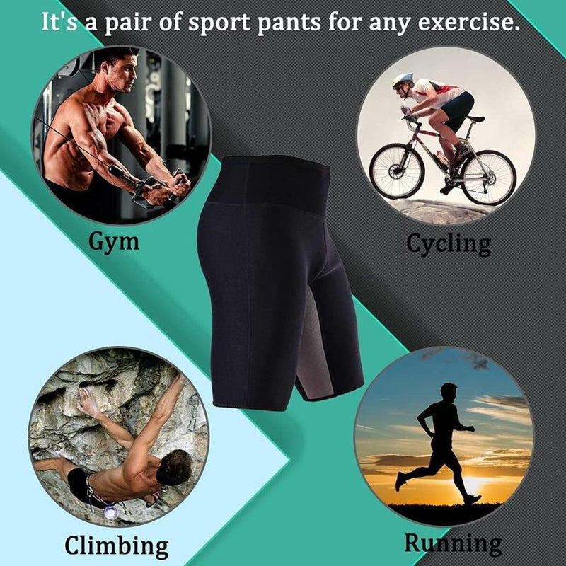 Laad afbeelding in Galerijviewer, Zwarte sportbroeken met afbeeldingen van fitness, fietsen, klimmen en hardlopen. Op de bovenkant staat: &quot;Het is een sportbroek voor elke oefening.&quot; Deze Mannen zweet sauna shorts zijn perfect voor calorieën verbranden bij elke activiteit en zijn de ideale partner voor gewichtsverlies.
