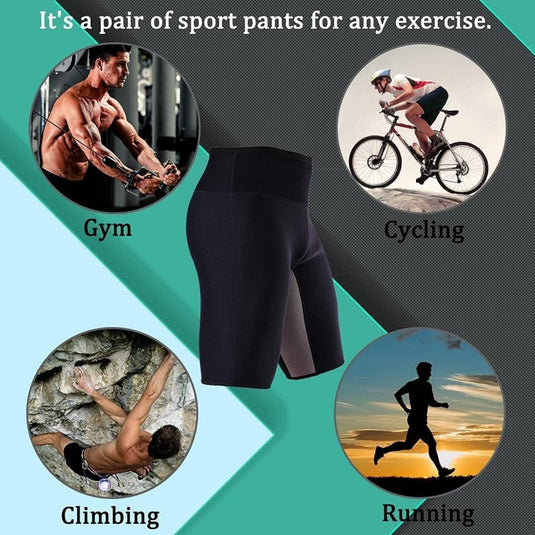 Zwarte sportbroeken met afbeeldingen van fitness, fietsen, klimmen en hardlopen. Op de bovenkant staat: "Het is een sportbroek voor elke oefening." Deze Mannen zweet sauna shorts zijn perfect voor calorieën verbranden bij elke activiteit en zijn de ideale partner voor gewichtsverlies.