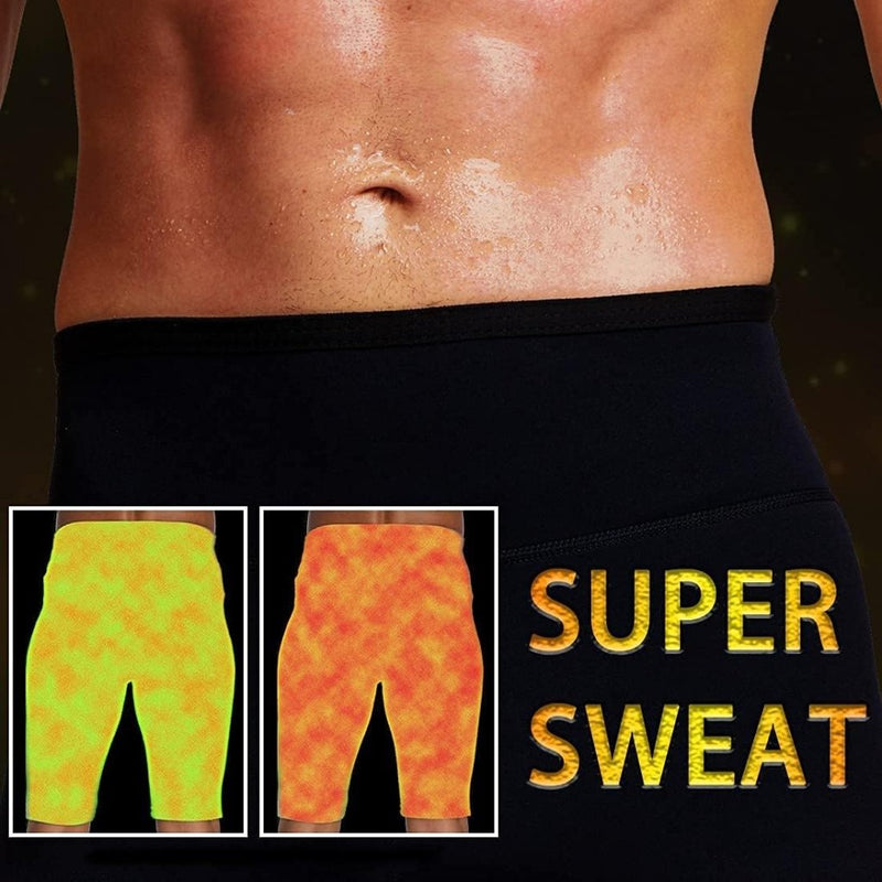 Laad afbeelding in Galerijviewer, Close-up van een bezwete torso met thermische beelden die de hitteniveaus van Mannen zweet sauna shorts laten zien. De tekst luidt &quot;SUPER SWEAT.
