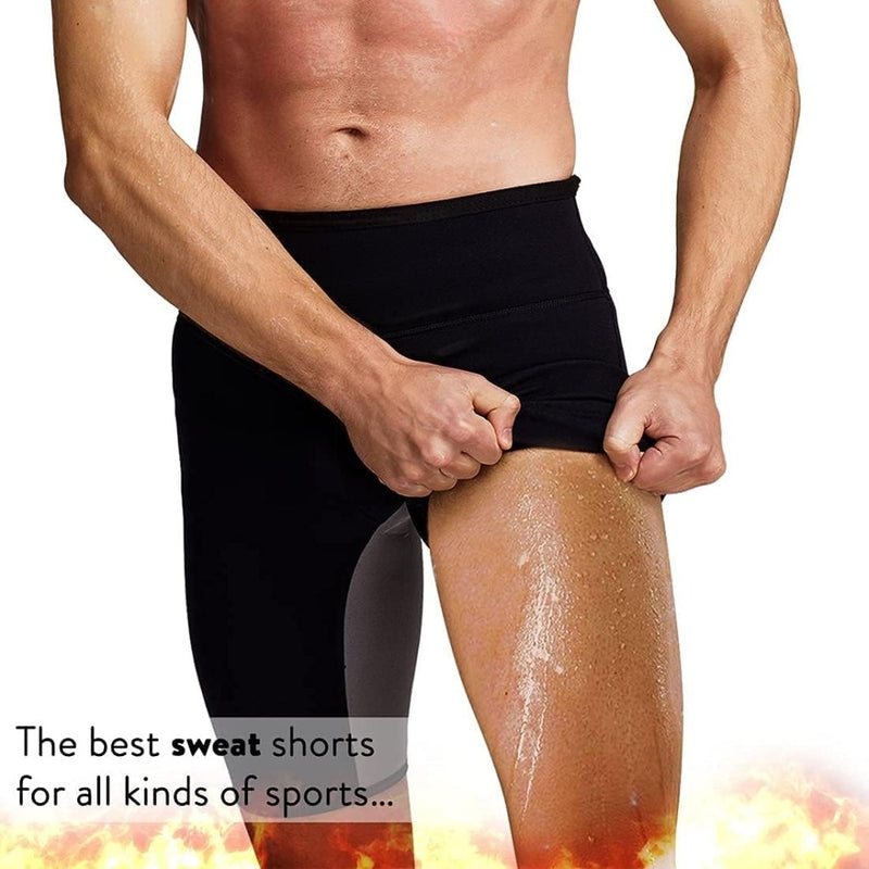 Laad afbeelding in Galerijviewer, Persoon trekt zwarte sportshorts omhoog, waarbij een bezwete dij zichtbaar is. Tekst: &quot;De beste zweetshorts voor alle sporten.&quot; Mannen zweet sauna shorts - De ideale partner voor gewichtsverlies zijn perfect voor efficiënte calorieverbranding. Vurig achtergrondeffect inbegrepen.
