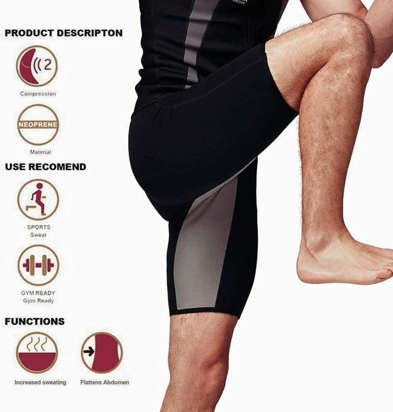 Laad afbeelding in Galerijviewer, Een persoon die een Mannen zweet saunashort draagt, gemaakt van zwart neopreen, tilt één been op. Pictogrammen zijn voorzien van een strakke broek, neopreen dat helpt bij het zweten, een sportschoolvriendelijk ontwerp dat de buik platter maakt en de calorieverbranding verhoogt.
