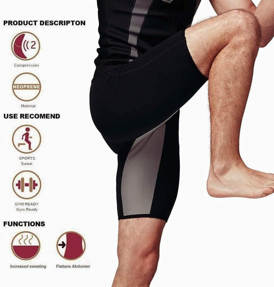 Een persoon die een Mannen zweet saunashort draagt, gemaakt van zwart neopreen, tilt één been op. Pictogrammen zijn voorzien van een strakke broek, neopreen dat helpt bij het zweten, een sportschoolvriendelijk ontwerp dat de buik platter maakt en de calorieverbranding verhoogt.