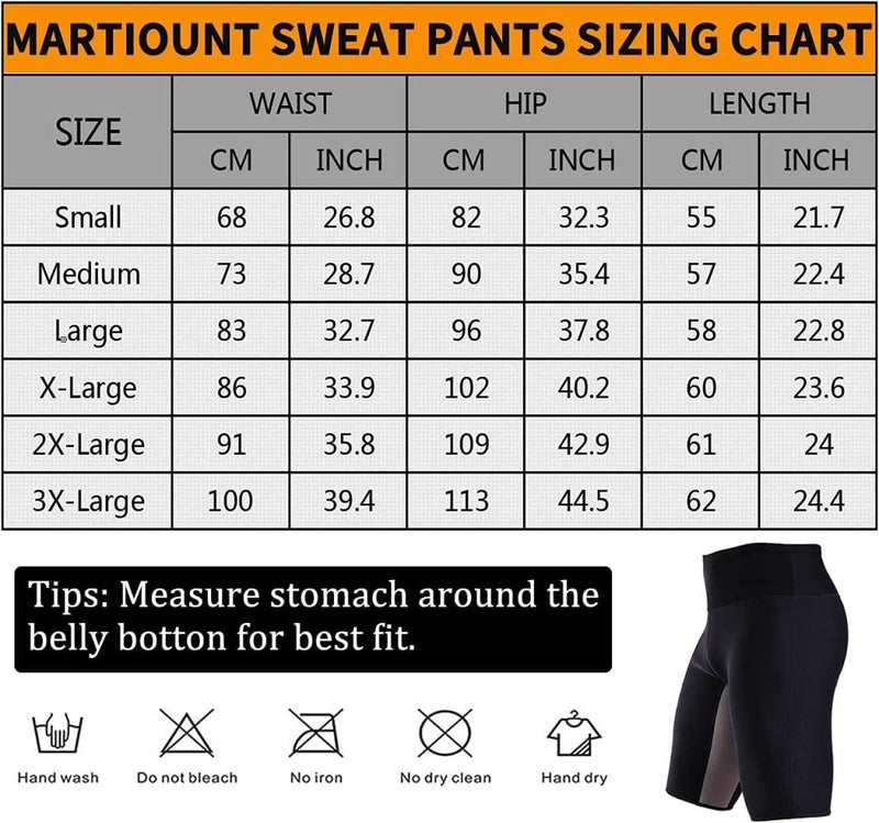 Laad afbeelding in Galerijviewer, Maattabel voor Mannen zweet sauna shorts, met taille, heup en lengte in cm/inches voor de maten Small tot 3X-Large. Inclusief verzorgingsinstructies en een meettip. Afbeelding van shorts inbegrepen.
