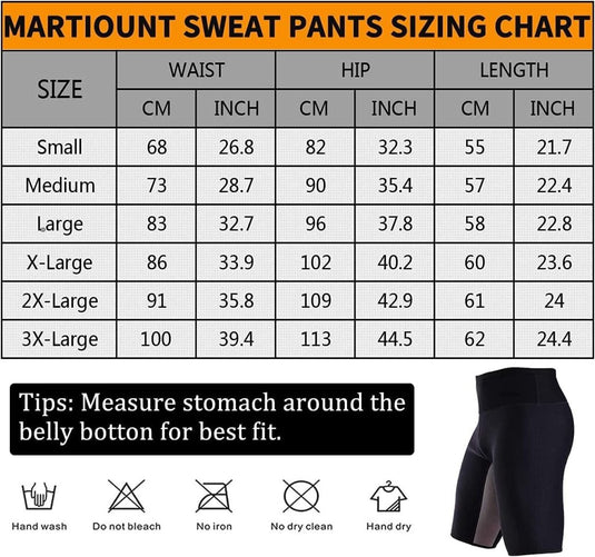 Maattabel voor Mannen zweet sauna shorts, met taille, heup en lengte in cm/inches voor de maten Small tot 3X-Large. Inclusief verzorgingsinstructies en een meettip. Afbeelding van shorts inbegrepen.
