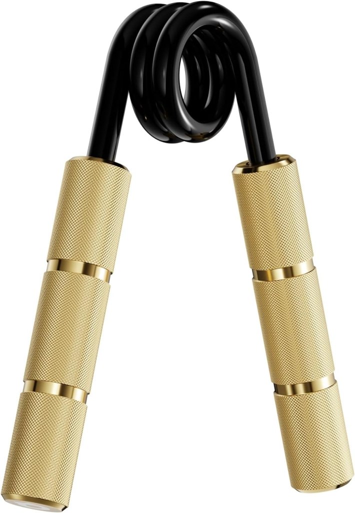 Laad afbeelding in Galerijviewer, De &quot;Krijg krachtige handen met deze handgrijperset&quot; bestaat uit goud en zwart gekartelde metalen handgrepen met een spiraalveer, ideaal voor het verbeteren van de gripkracht tijdens revalidatie.
