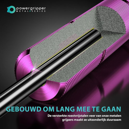 Een dwarsdoorsnede van het roze metalen gripgereedschap toont de interne componenten, met de Nederlandse tekst 'Built to last'. De versterkte roestvrijstalen veer in onze "Krijg krachtige handen met deze handgrijperset" vergroot de gripkracht en zorgt voor duurzaamheid voor effectieve revalidatie.