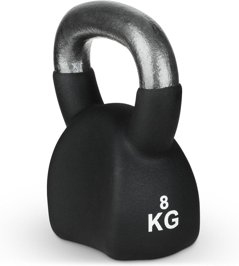 Laad afbeelding in Galerijviewer, De Neopreen gietijzeren kettlebell in de kleur zwart, met een gewicht van 8 kg en een zilveren handvat, is ideaal voor krachttraining en spierontwikkeling.

