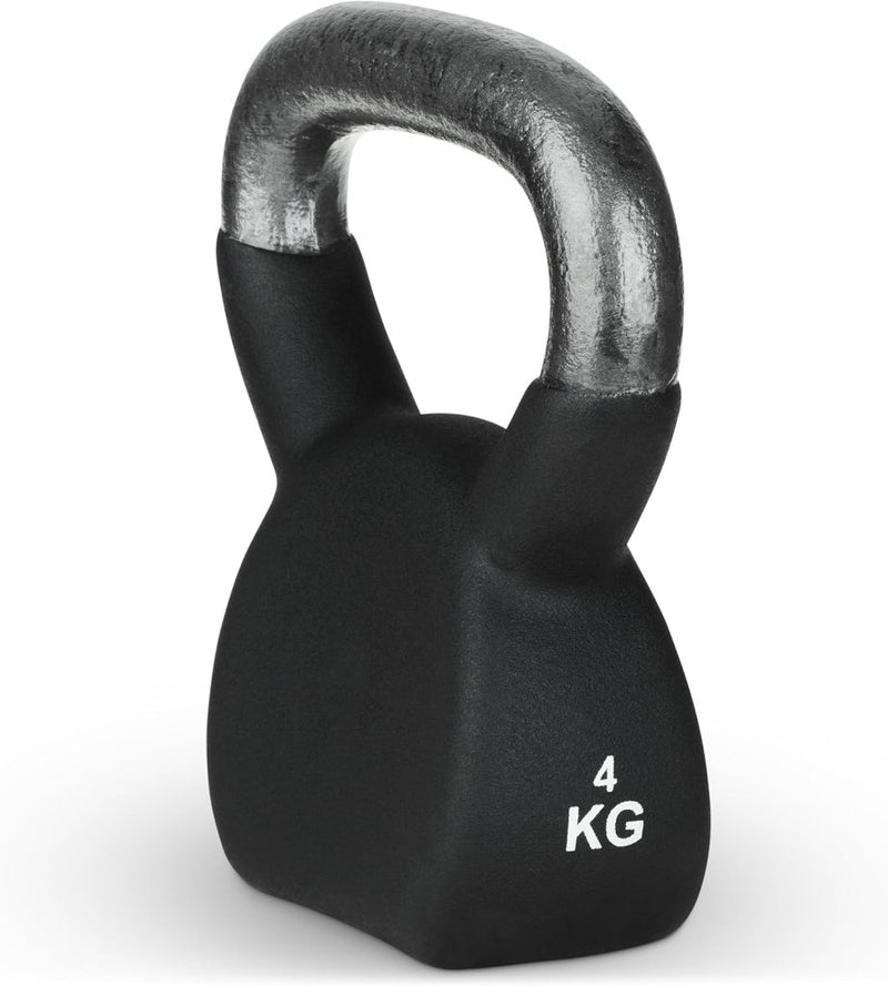 Laad afbeelding in Galerijviewer, De &quot;Neopreen gietijzeren kettlebell: Kracht en conditie in één&quot; is een zwarte kettlebell van 4 kg met een zilveren handvat, gemaakt van neopreen gecoat gietijzer, perfect voor krachttraining en effectieve spierontwikkeling.
