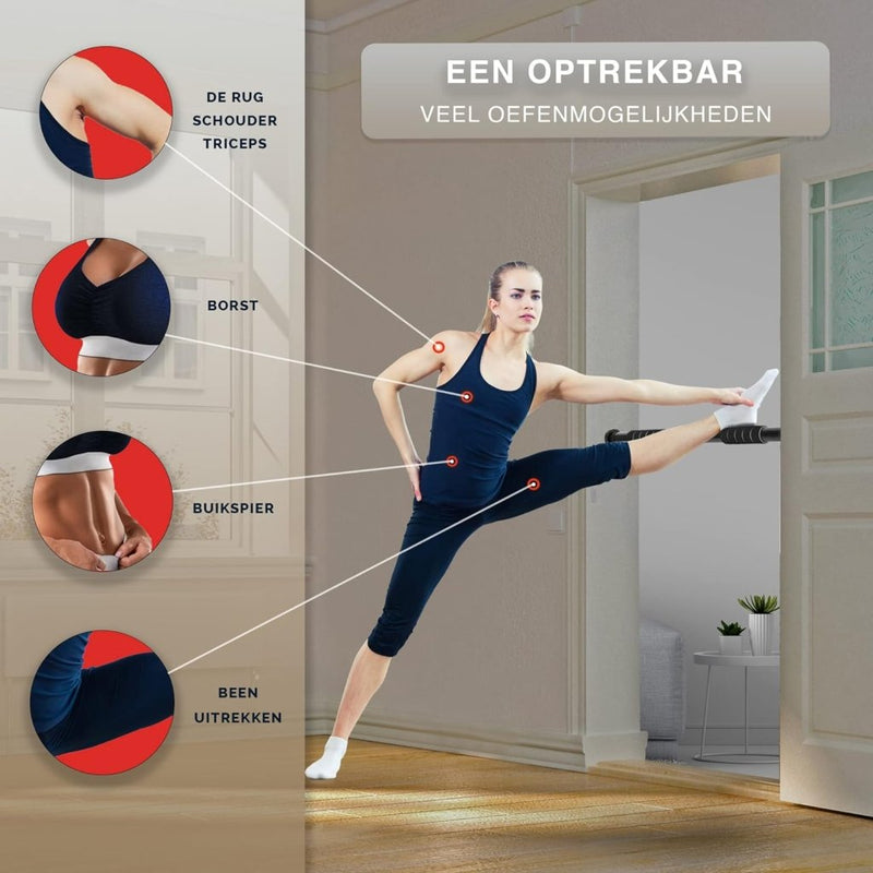 Laad afbeelding in Galerijviewer, Een vrouw strekt haar been op een barre in een kamer met een diagram dat de beoogde spieren laat zien: rug, schouders, triceps, borst, buikspieren en benen. De Nederlandse tekst beschrijft veelzijdige oefeningen met behulp van de Optrekstang voor je deurkozijn voor verbeterde stabiliteit met verstelbare antislipfuncties.
