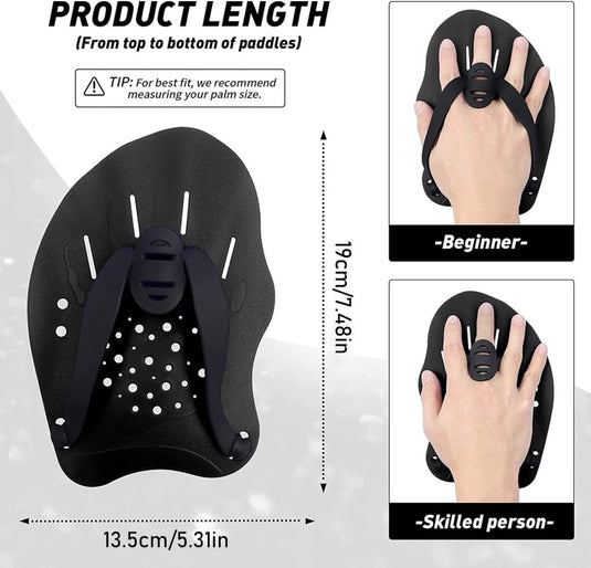 Afbeelding van "Verbeter je zwemtechniek met zwemhandpeddels" met hoogwaardig kunststof met verstelbare banden, afmetingen 19cm x 13.5cm. Twee handposities met het label "Beginner" en "Skilled person" verschijnen rechts om de zwemtechniek effectief te verbeteren.