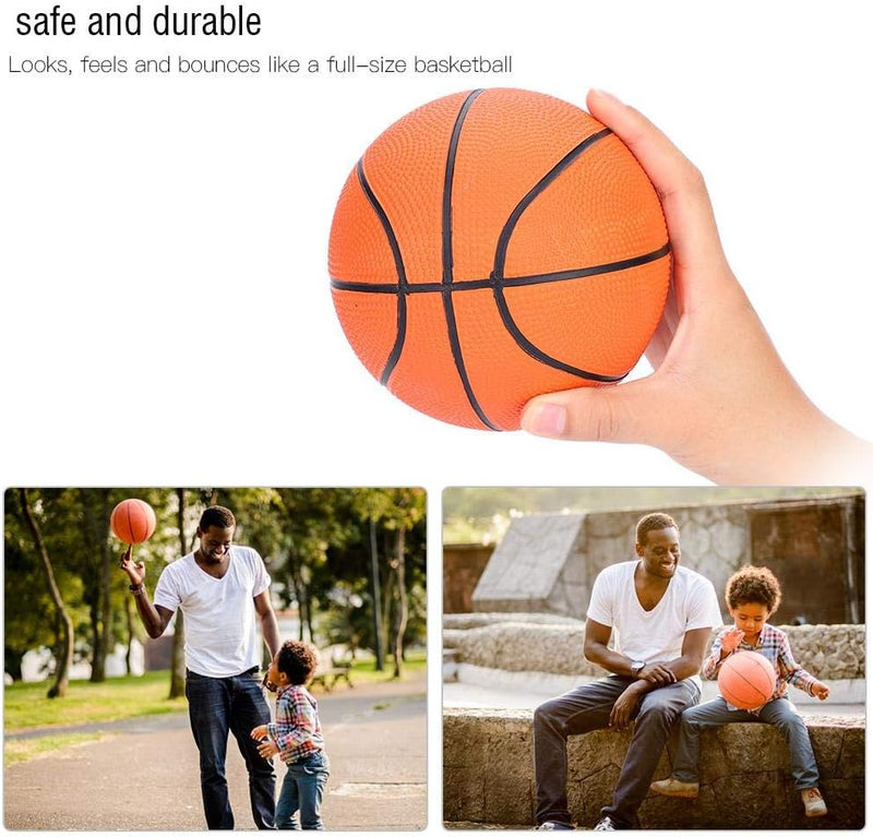 Laad afbeelding in Galerijviewer, Een man en kind spelen in het park met een oranje basketbal op stenen trappen. Een hand tilt de &quot;🏀 Perfecte mini-basketbal voor jonge spelers!&quot; op, gemaakt van duurzaam rubber, waardoor hij veilig is voor kinderen.
