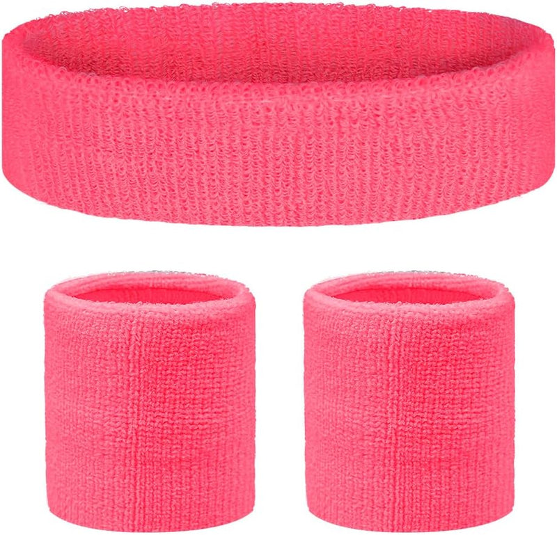 Laad afbeelding in Galerijviewer, Boost jouw sportprestaties met onze roze badstof hoofdband en twee fundamentele polsbandjes tegen een witte achtergrond voor ultieme zweetabsorptie.
