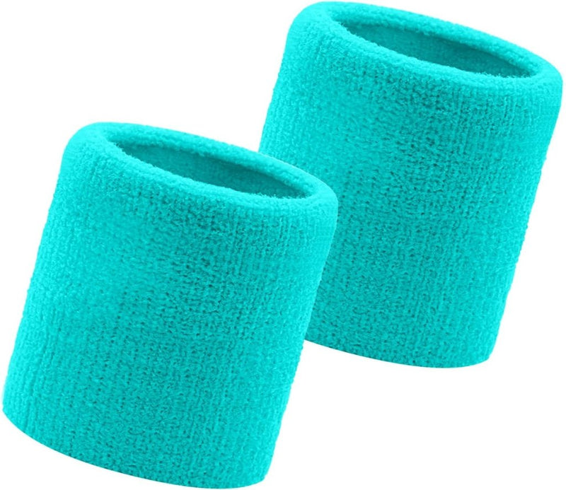 Laad afbeelding in Galerijviewer, Twee blauwgroen katoenen polsbandjes op een witte achtergrond benadrukken hun zweetabsorptie, waardoor ze ideale comfortabele sportaccessoires zijn. Product: Boost jouw sportprestaties met onze hoofdband en polsbandjes!.

