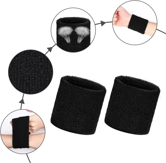 Productnaam: Boost jouw sportprestaties met onze hoofdband en polsbandjes! Zwarte sportpolsbandjes, geaccentueerd om de polsen of losstaand, tonen hun comfortabele gebreide textuur, ademend vermogen en uitstekende zweetabsorptie.