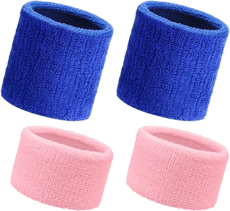 Laad afbeelding in Galerijviewer, Op een witte ondergrond is een set van vier polsbandjes afgebeeld, waarvan twee blauwe en twee roze. Deze cilindrische banden zijn gemaakt van gestructureerde stof voor optimale zweetabsorptie en zijn ideale comfortabele sportaccessoires. Product: Boost jouw sportprestaties met onze hoofdband en polsbandjes!.
