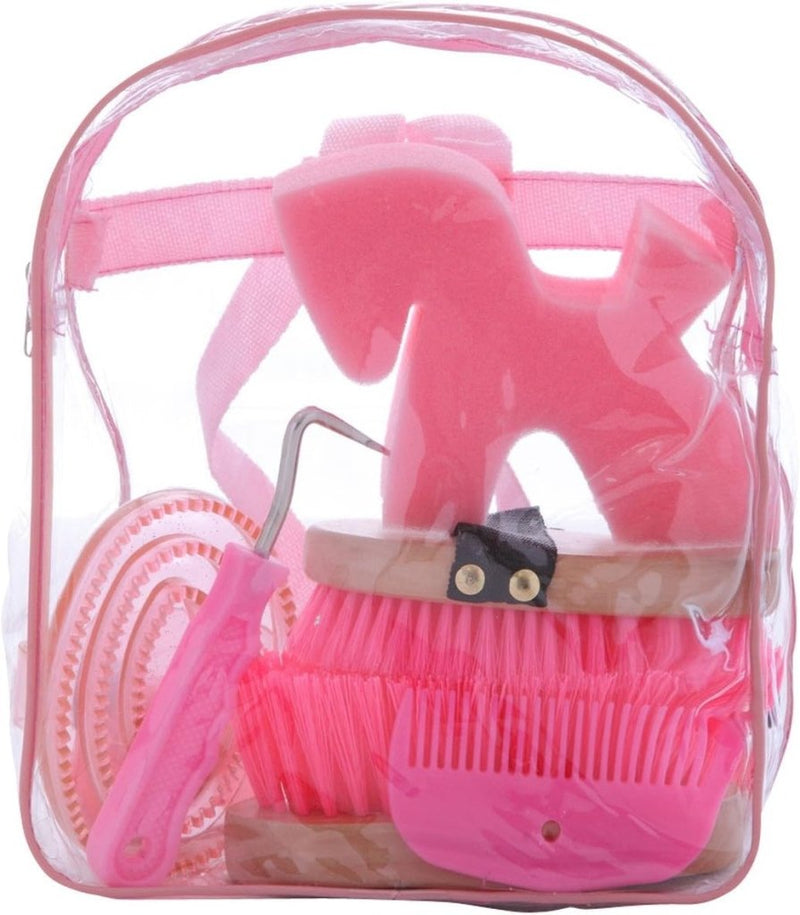 Laad afbeelding in Galerijviewer, De roze transparante rugzak van Ontdek is perfect voor kinderen en bevat een roze paardenpoetsset inclusief een roskam, hoevenkrabber, verzorgingsborstel en manenkam. Ideaal voor kinderverzorging van paarden.
