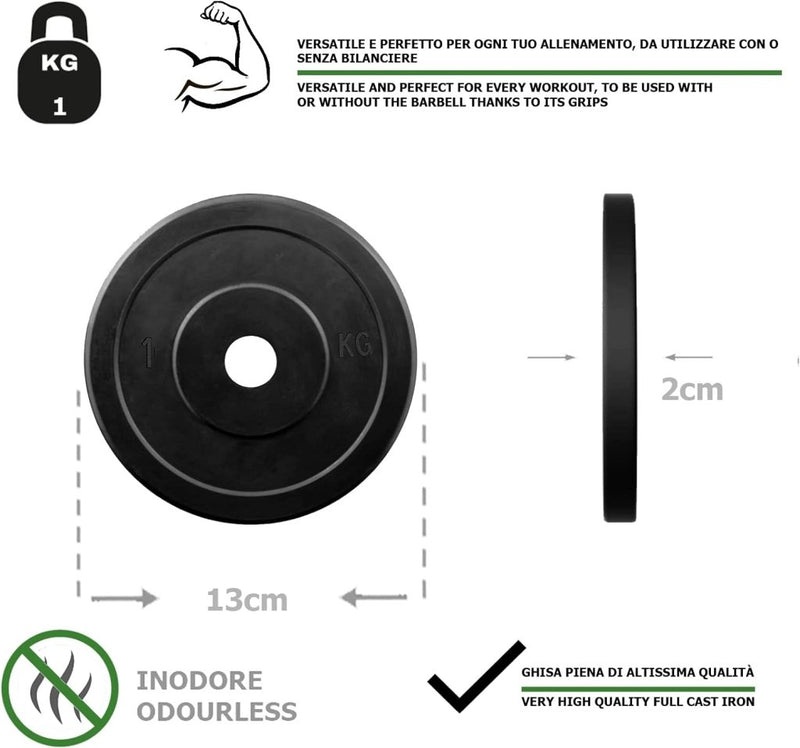 Laad afbeelding in Galerijviewer, 1 kg zwarte halterschijf met rubberen coating, 13 cm diameter, 2 cm dikte. Geurloos en gemaakt van hoogwaardige gietijzeren halterschijven. Tekst in het Italiaans en Engels. Product: Gietijzeren halterschijven met rubber: Til je training naar een hoger niveau!.

