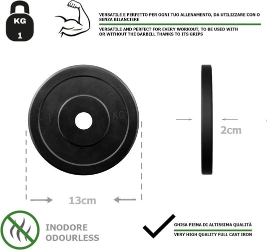 1 kg zwarte halterschijf met rubberen coating, 13 cm diameter, 2 cm dikte. Geurloos en gemaakt van hoogwaardige gietijzeren halterschijven. Tekst in het Italiaans en Engels. Product: Gietijzeren halterschijven met rubber: Til je training naar een hoger niveau!.