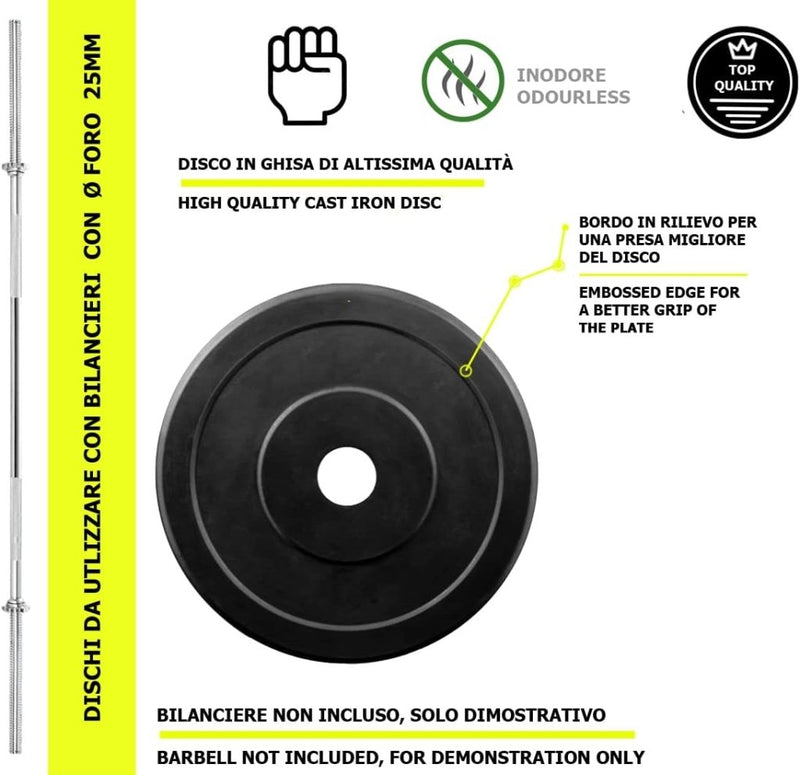 Laad afbeelding in Galerijviewer, Hoogwaardige &quot;Gietijzeren halterschijven met rubber&quot; hebben een reliëfrand voor betere grip, ontworpen voor 25mm halters. Ze zijn verkrijgbaar in verschillende gewichten, zijn geurloos en van topkwaliteit. Let op: Halterstang niet inbegrepen; alleen getoond ter demonstratie.
