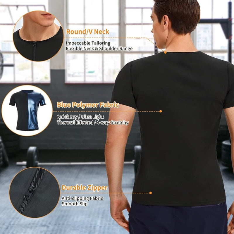 Laad afbeelding in Galerijviewer, In een sportschool draagt een man het &quot;Sauna shirt voor heren: Versnel je afslankdoelen,&quot; met een ronde of V-hals. Gemaakt van blauwe sneldrogende, rekbare polymeerstof met antislipeigenschappen die vergelijkbaar zijn met neopreen voor verbeterde vetverbranding, het bevat een duurzame rits.
