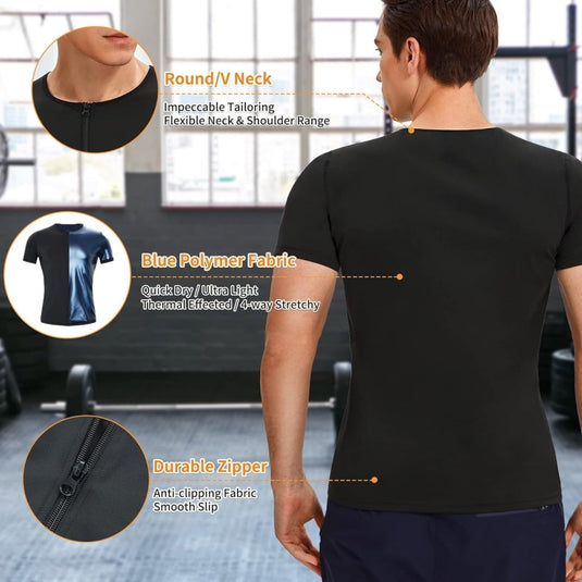 In een sportschool draagt een man het "Sauna shirt voor heren: Versnel je afslankdoelen," met een ronde of V-hals. Gemaakt van blauwe sneldrogende, rekbare polymeerstof met antislipeigenschappen die vergelijkbaar zijn met neopreen voor verbeterde vetverbranding, het bevat een duurzame rits.