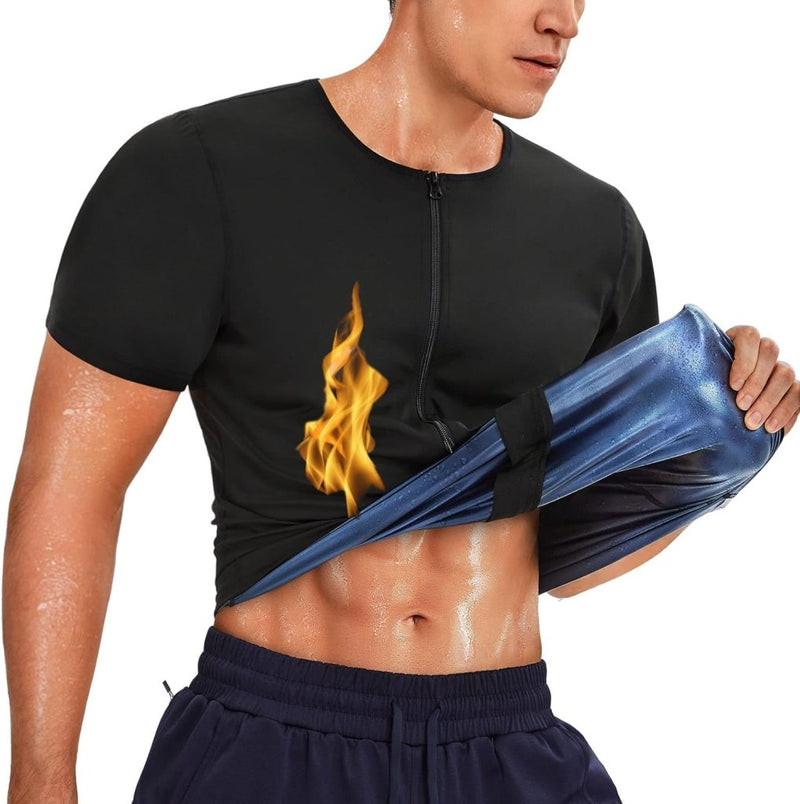 Laad afbeelding in Galerijviewer, Met het Sauna shirt voor heren: Versnel je afslankdoelen laat je je gespierde buikspieren zien en verhoog je de vetverbranding met het zwarte shirt met rits, een vlammenprint en een onderliggende thermische laag van neopreen.
