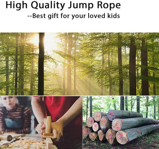 Collageafbeelding: Zonovergoten bos, twee mensen die hout bewerken en een stapel gekapte boomstammen. De tekst luidt: "Springtouw voor kinderen – Spelenderwijs actief! Perfect cadeau voor een gezonde levensstijl voor uw geliefde kinderen.