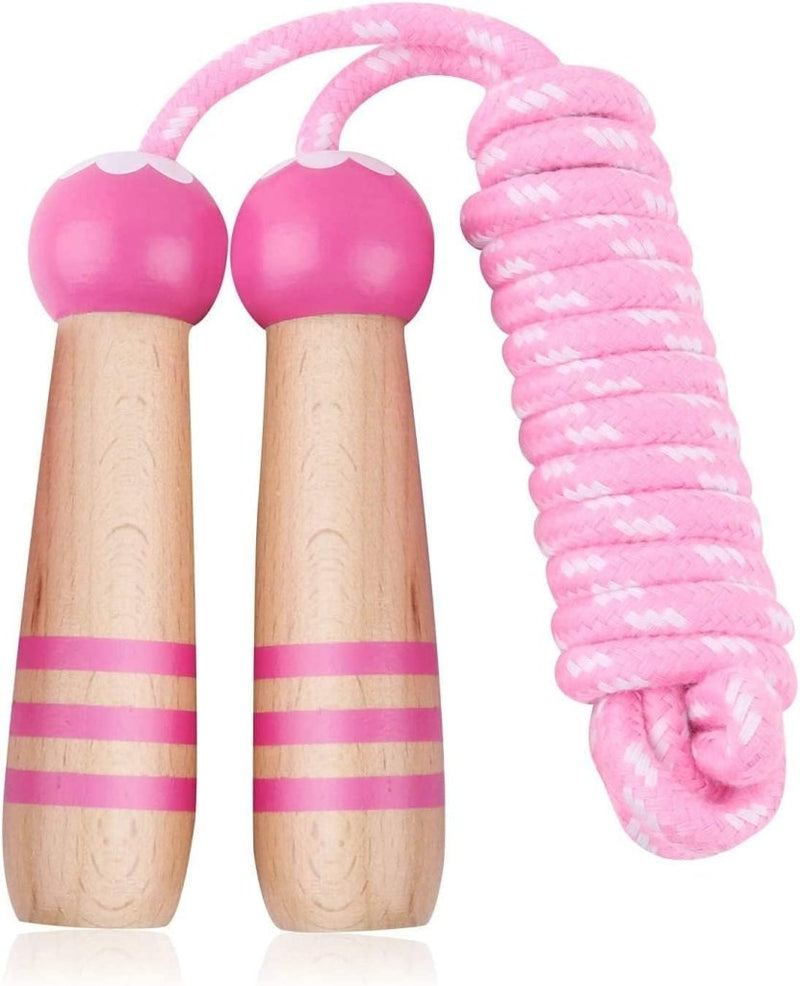 Laad afbeelding in Galerijviewer, Het roze springtouw, &quot;Springtouw voor kinderen – Spelenderwijs actief!&quot;, heeft houten handvatten en een roze en wit krulkoord. De verstelbare lengte maakt hem perfect voor het bevorderen van een gezonde levensstijl en zorgt voor plezier voor alle leeftijden.
