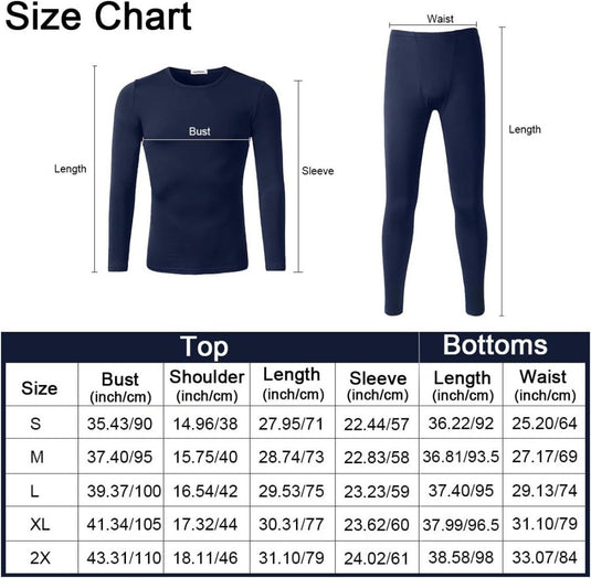 De maattabel voor "Blijf warm en comfortabel met thermisch ondergoed voor heren" bevat maten in inches en centimeters voor buste, schouder, lengte, mouw en taille. Verkrijgbaar in de maten S-2X. Deze vochtafvoerend verwijderde stof zorgt voor comfort de hele dag door met zijn warme boven- en onderkant.