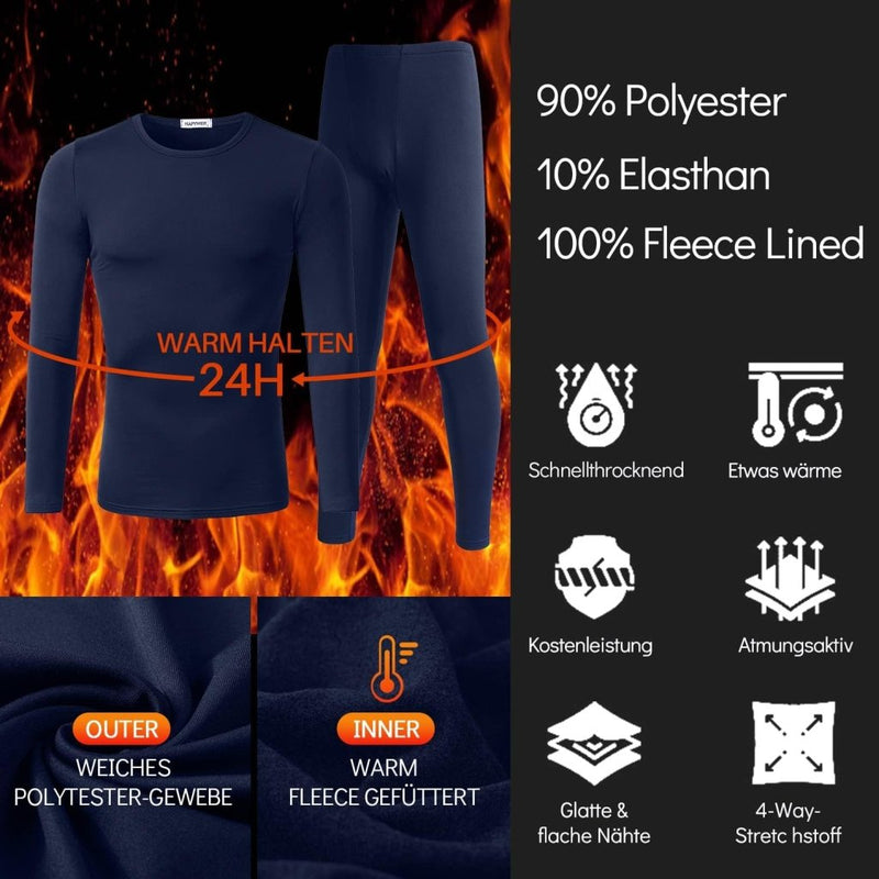 Laad afbeelding in Galerijviewer, De &quot;Blijf warm en comfortabel met thermisch ondergoed voor heren&quot; is gemaakt van 90% polyester, 10% elastaan, fleecevoering en sneldrogend materiaal. Het is ademend, rekbaar en heeft een vurige achtergrond voor stijl, ideaal om comfortabel te blijven in koude omstandigheden.
