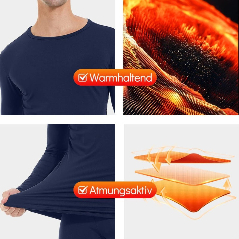Laad afbeelding in Galerijviewer, Een collage van een donkerblauw thermisch shirt toont close-up texturen en lagen met Duitse labels die de &quot;warmtevasthoudende&quot; kwaliteiten benadrukken. Dit thermisch ondergoed voor heren zorgt voor optimaal comfort door ademend vermogen en vochtafvoerende eigenschappen.
