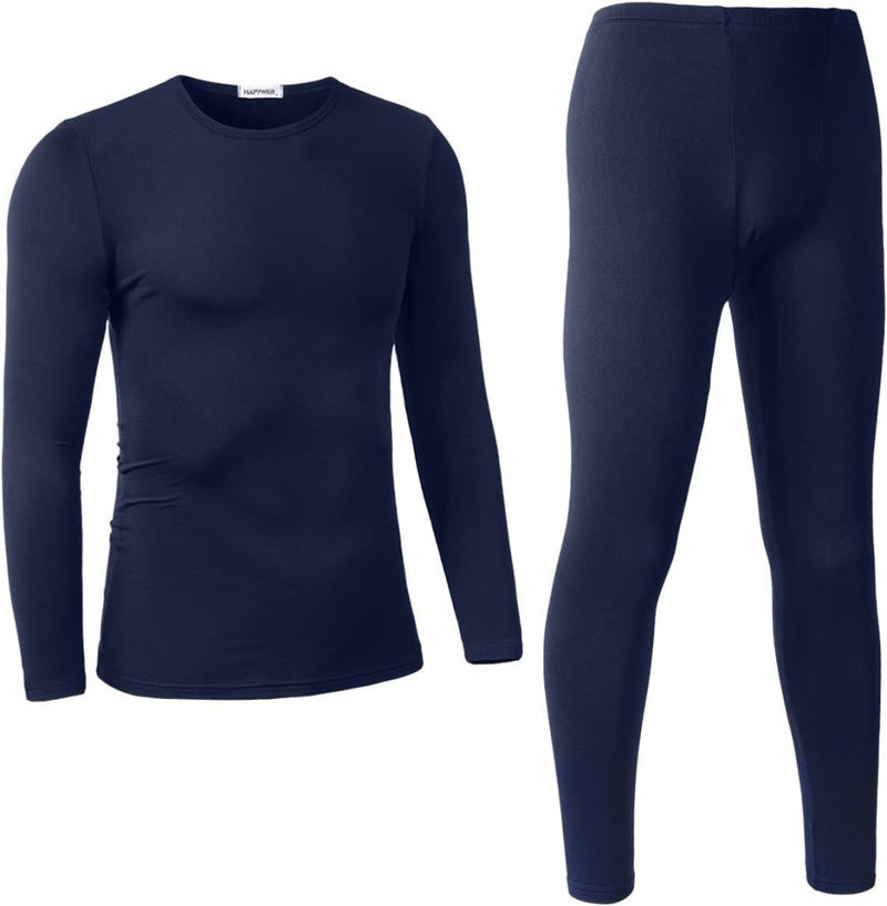 Laad afbeelding in Galerijviewer, Het &quot;Blijf warm en comfortabel met thermisch ondergoed voor heren&quot; is een donkerblauwe thermoset voor heren, bestaande uit een top met lange mouwen en bijpassende leggings, gemaakt van warme materialen, weergegeven tegen een witte achtergrond om comfort te garanderen bij koud weer.
