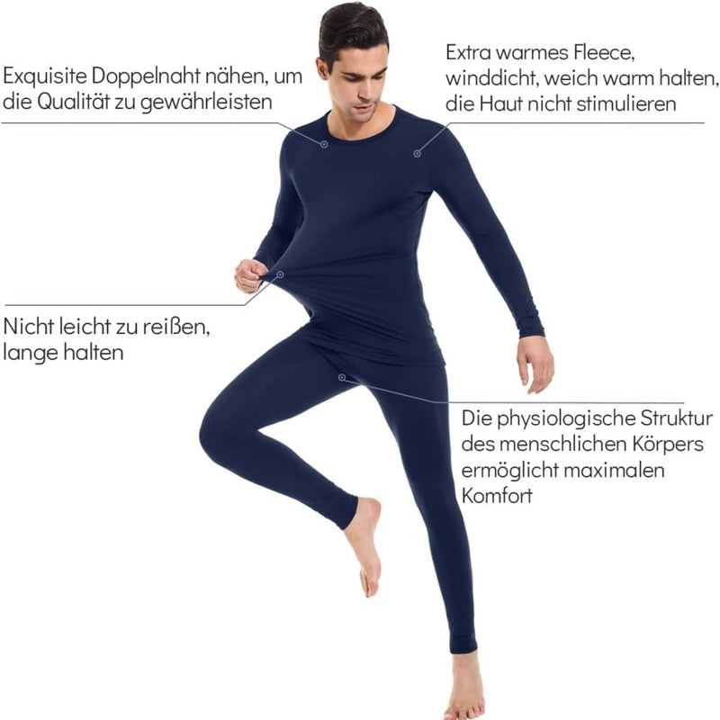 Laad afbeelding in Galerijviewer, Een persoon draagt &#39;Blijf warm en comfortabel met thermisch ondergoed voor heren&#39; in marineblauw, met dubbele stiksels, duurzaam warm fleece en comfort met Duitse tekstannotaties.
