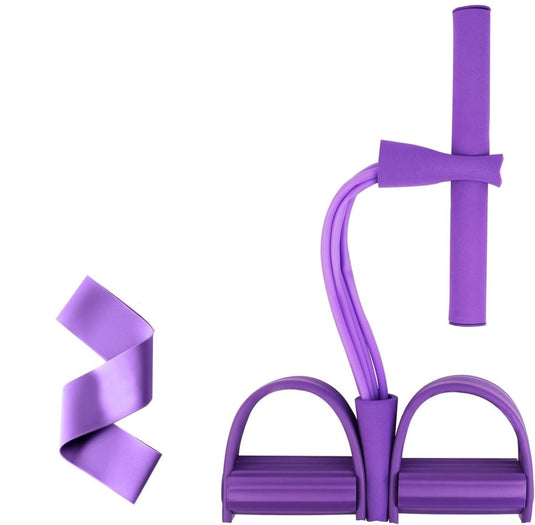 Paarse weerstandsbandset voor een full-body workout met voetpedalen, stuur en een afneembare stretchband op wit. Perfect als de 💪 Transformeer je training met deze multifunctionele dijbeentrainer en weerstandstrainer! om je fitnessroutine te verbeteren.