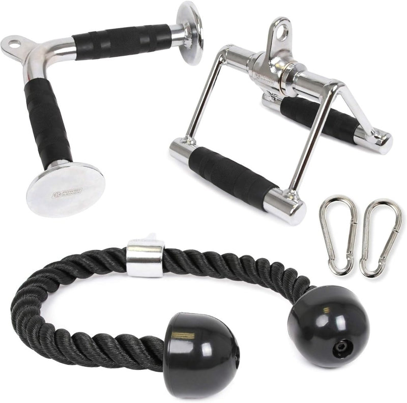 Laad afbeelding in Galerijviewer, De set &quot;Verbeter je training met deze triceps pull down attachment!&quot; bevat een V-handle, triceps rope en stijgbeugelhandvat, allemaal met zwarte handgrepen, en twee zilveren karabijnhaken op een witte achtergrond. Ideaal voor thuisgyms om je triceps te trainen of de latissimus dorsi te versterken.
