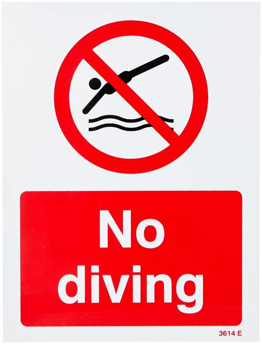Het "🚫 Veiligheid eerst – Duidelijk ‘Niet Duiken’ bord!" is gemaakt van duurzaam kunststof en heeft een rode cirkel met streep over een duikfiguur. Onder staat in een rood rechthoekig vlak "No Diving," wat zwemomgeving veiligheid zwaar.