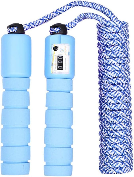 Het "Verstelbaar springtouw voor kinderen en tieners" is een blauw verstelbaar springtouw met een digitale teller, schuimrubberen handgrepen voor comfort en is gemaakt van milieuvriendelijke materialen voor duurzame fitness.