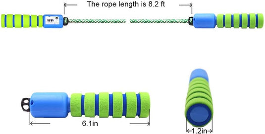 Het "Verstelbaar springtouw voor kinderen en tieners - Comfortabel en duurzaam" heeft blauwe en groene handvatten gemaakt van milieuvriendelijke materialen, een lengte van 2,5 meter en handvatten van schuimrubber met een lengte van 15,5 cm lang en een diameter van 3,5 cm voor comfort.