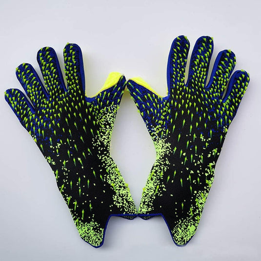 Deze zwarte handschoenen hebben levendige groene en gele spikkels op een witte achtergrond en bieden superieure grip en bescherming. Perfecte keepershandschoenen voor de moderne sporter, toepasselijk genaamd "De ultieme keepershandschoenen voor topprestaties! ⚽️.